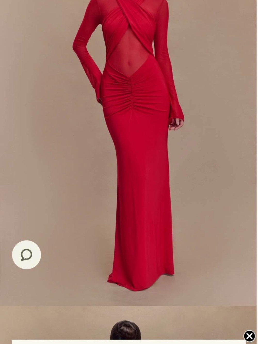 Meshki Red Long Sleeve Sheer Ruched Maxi Dress